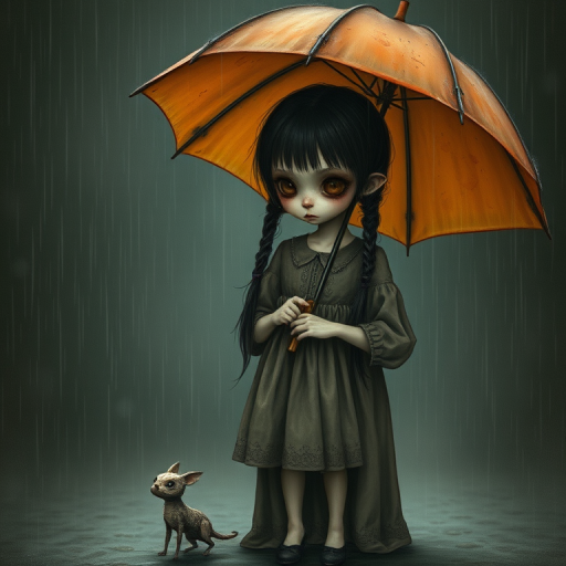 An eerie, weird little girl with dark hair in thin pigtails, wearing a smock dress, standing in the rain, holding a dirty orange umbrella, a small, odd creature beside her. In a surreal style inspired by Nicoletta Ceccoli and Brian Froud. Dark fantasy themes