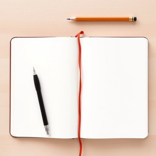 a blank open notebook on a light wooden surface with a pen and a pencil placed next to it