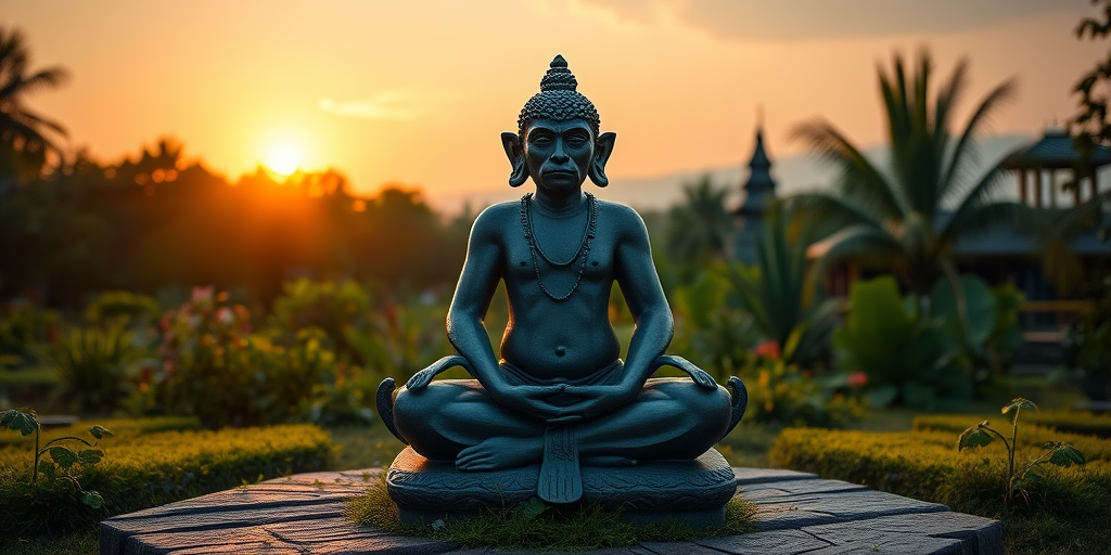 Create a serene sculpture of a meditating monkey deity in a lush outdoor setting at sunset, using a Canon EOS R5 with a 50mm f/1.2 lens, aperture set to f/2.8 for a shallow depth of field, ISO 100 for optimal clarity, and using soft natural lighting to enhance textures and details.