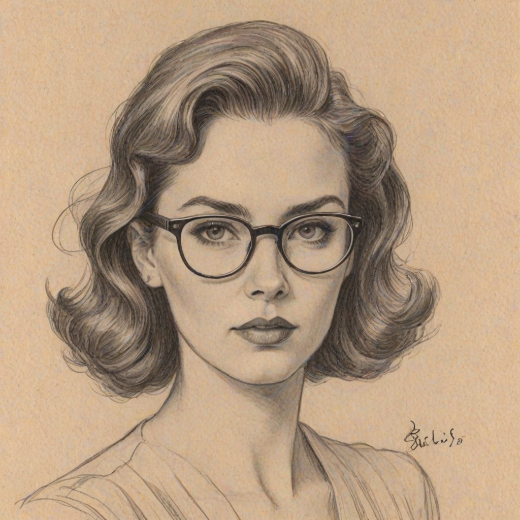 Bewitching Rebekah Graf, pencil sketch, portrait of Bewitching woman 1951s in glasses, hair style beatnik, outline, clear lines, fine lines, 8k