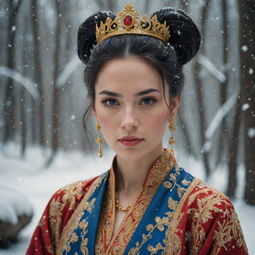 A young woman with long black hair styled in a high bun, adorned with a gold crown and intricate hair ornaments, stares intently at the viewer. She wears a vibrant red and gold embroidered robe with blue accents, a gold belt with a large ornate buckle, and a blue and gold shoulder piece. The woman is positioned in the center of the frame, with the background blurred and filled with falling snow. The image has a soft, ethereal feel with a focus on the woman's face and attire, creating a portrait-like composition. The colors are rich and saturated, with the red, gold, and blue of the clothing standing out against the muted blue and white of the snowy backdrop. The lighting is soft and diffused, casting a warm glow on the woman's face.  The overall mood is elegant and mysterious.  The details of the woman's attire, especially the intricate embroidery and embellishments, add a sense of opulence and grandeur.  The falling snow further enhances the sense of winter magic and wonder.