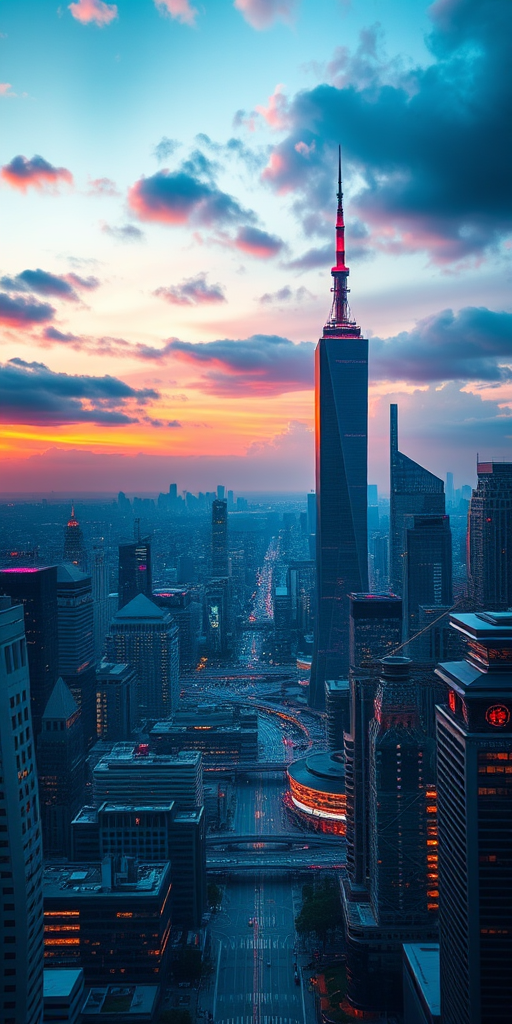 Generate a high-resolution image of a futuristic city skyline at sunset with vibrant colors, wide-angle lens, f/2.8 aperture, ISO 100, 1/200 sec exposure, shot with a DSLR camera from a high vantage point.