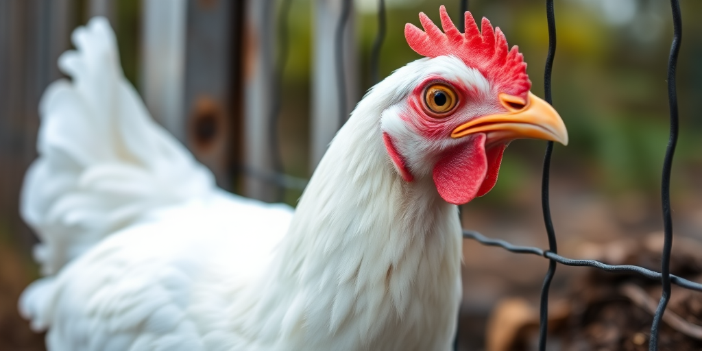 Capture a close-up of a white hen with a speckled neck near a fence, natural lighting, aperture f/2.8, shutter speed 1/200 sec, ISO 200, macro lens, shallow depth of field.