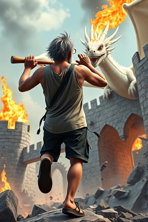Cartoon 3D High-Resolution,dynamic battle scene using Unreal Engine 5 and Octane Render. The scene features back of an elderly, thai man with a beard,messy hair and round golden-rimmed glasses. He is wearing a tattered tank top with soot marks, shorts, and sandals. sweating. he wields a baseball bat. He jump to fight with a white fire-breathing Europe dragon amidst a partially destroyed stone castle. Include intense flames, smoke, and debris to enhance the dramatic effect.