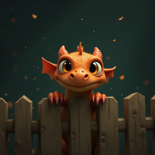 A small, scruffy cartoon-like dragon peers over a wooden fence with wide, expressive amber eyes, giving it an endearing look. The dark, muted background with streaks of faded color adds to the atmosphere of vulnerability and longing. The dragon's oversized eyes, full of emotion, draw the viewer in, evoking a sense of empathy and tenderness. Flecks of light and small bits of debris gently float through the scene, creating a soft, melancholic mood as the dragon waits patiently for comfort.