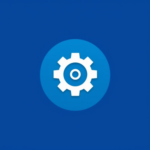 create a vector-style image of a white gear icon on a solid blue circle background, using a Canon EOS 5D Mark IV with a 50mm f/1.8 lens, aperture f/8, shutter speed 1/200s, ISO 100, and soft diffused lighting for clarity and detail