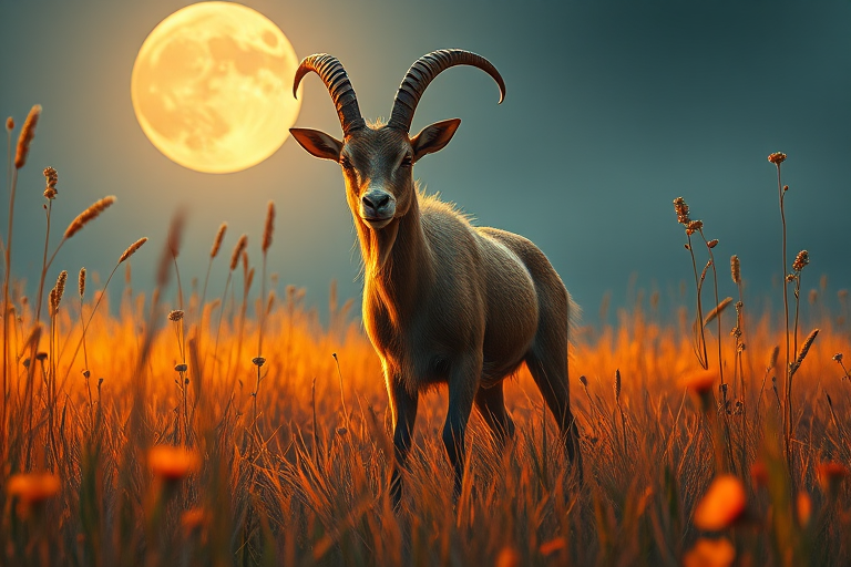Create a high-resolution illustration of a mythical creature with goat-like features, standing in a moonlit field surrounded by tall grasses and wildflowers, emphasizing vibrant orange and earthy tones, captured with a DSLR camera at f/2.8, 50mm lens, with a shallow depth of field and a soft-focus background.
