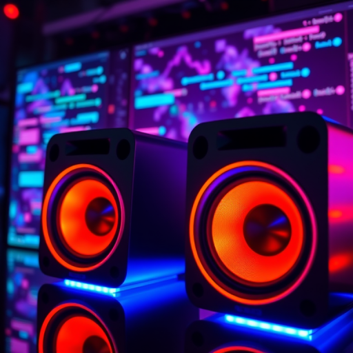 high-resolution image of illuminated speakers with a digital background, featuring vibrant colors and glowing effects, shot with a DSLR camera at ISO 100, f/2.8 aperture, 50mm lens, and a 1/60 sec shutter speed, in a medium shot perspective, with a focus on sharp detail and contrast.