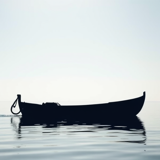 Create a high-resolution image of a minimalist boat silhouette with a circular design, using a DSLR camera at f/2.8 aperture, 50mm lens, and 1/1000 shutter speed, captured in natural light from a low angle view for depth and clarity.