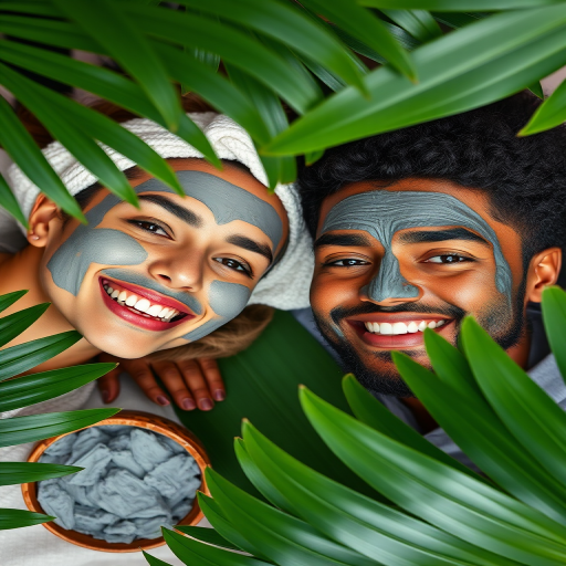 A top-down view of a smiling couple with clay masks on their faces, surrounded by green tropical leaves and a bowl of gray facial mask, captured with a Canon EOS R5, 50mm lens, f/1.8, ISO 100, natural light for enhanced skin tone and texture.