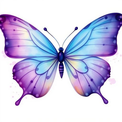 Create an artistic illustration of a butterfly with large wings. The wings should be a blend of vibrant purple and blue hues, featuring delicate swirls and splashes of watercolor effects. The background should be soft and light, enhancing the ethereal quality of the butterfly.