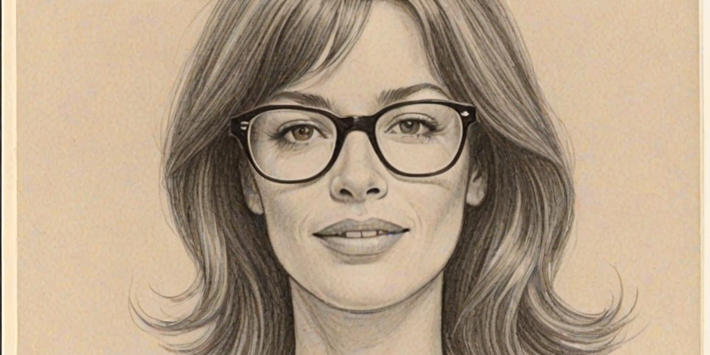Fascinating Brooke Langton, pencil sketch, portrait of Fetching woman 1960s in glasses, hair style beatnik, outline, clear lines, fine lines, 8k