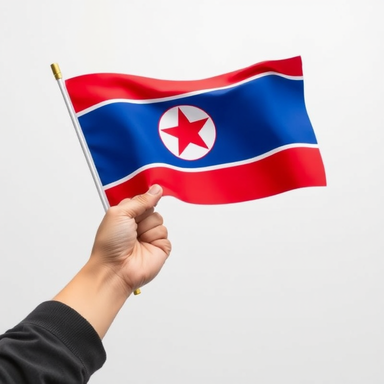 Create a high-resolution illustration of a hand holding the North Korean flag against a plain background, using a DSLR camera with a 50mm lens, aperture set to f/2.8, ISO 100, and shot from a slightly elevated angle to enhance depth and detail.