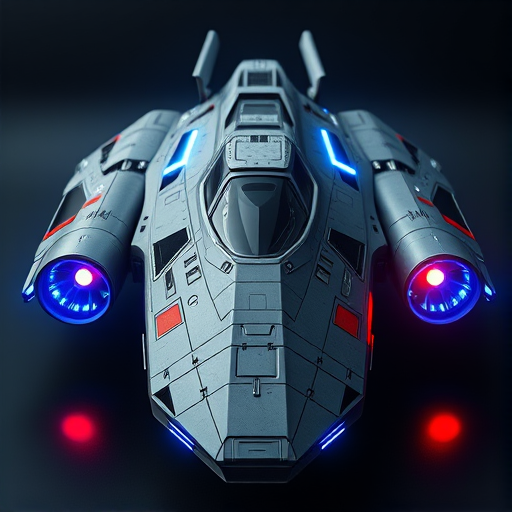 futuristic spaceship design, detailed surface textures, vibrant blue and red engine lights, dynamic angles, ultra-realistic rendering, 4K resolution, ISO 100, f/8 aperture, 24mm lens, HDR imaging, high contrast, sharp focus, cinematic lighting, 3D model view