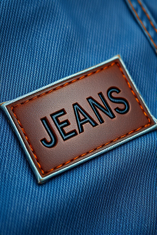 Create a high-resolution texture image of denim fabric with visible stitching, featuring a leather patch engraved with the word "JEANS," using a DSLR camera with a 50mm lens, aperture set to f/2.8, ISO 100, and soft natural lighting for enhanced detail and color vibrancy.