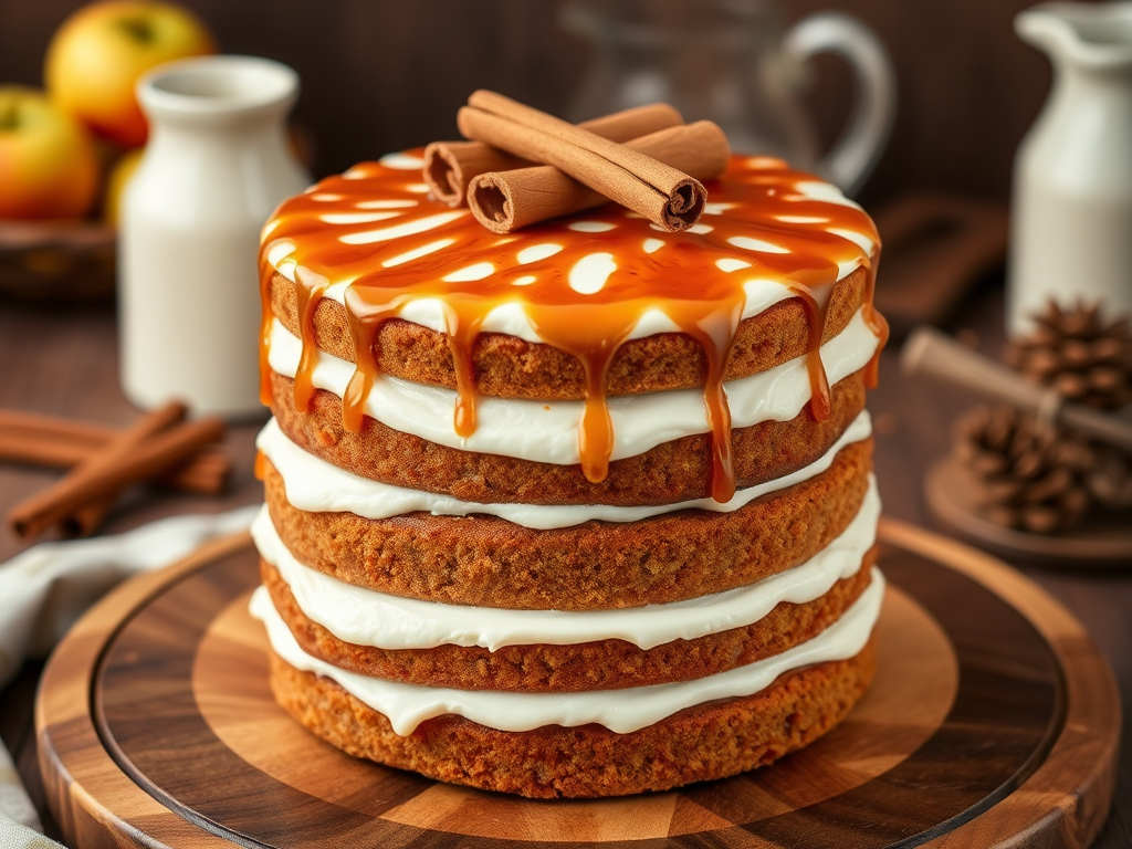 Create an image of a tall layered cake with a rustic appearance featuring alternating layers of brown cake and white frosting topped with a glossy caramel drizzle. Decorate the top with cinnamon sticks and place the cake on a wooden serving platter. In the background, include hints of apples and a decorative milk jug to enhance the cozy atmosphere.