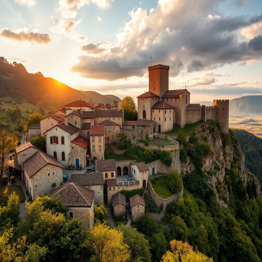 a picturesque hillside village with ancient stone buildings, lush greenery, and a dramatic castle overlooking the landscape during golden hour sunlight