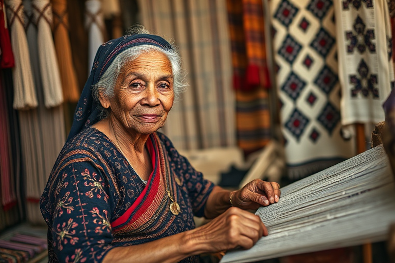 Create an image of an elderly woman weaving in a textile market, with intricate patterns in the background, natural light, 50mm lens, f/2.8 aperture, ISO 200, soft focus on the background, capturing the textures and colors of the fabrics and the woman's expression.