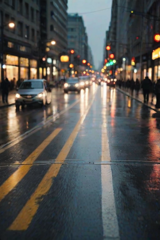 Blurry action shot of a city street at rush hour, cars and buses zooming by, with soft evening light reflecting off the wet pavement after a rainstorm.