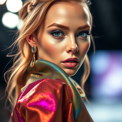 Runway capture, a beautiful model, vibrant colors, metallic textures, high fashion editorial , a 100mm macro lens to get extreme close-ups of intricate details like fabric stitching, accessories, or makeup artistry