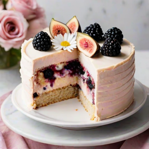 Create an image of a layered cake with three distinct layers, each separated by creamy frosting. The top of the cake is decorated with fresh blackberries, slices of fig, and a white daisy flower. The cake is displayed on a white plate, with soft pink flowers in the background.