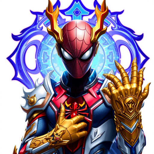 A high-budget, anime-style wallpaper featuring Spiderman in an epic White, blue red Kirin armor. Golden dragon gloves, the gloves is in the shape of dragon heads, Golden dragon head gloves, White glossy eyes, The armor is designed with metallic details that reflect light, showcasing intricate Kirin motifs. Spiderman's armor is a striking gradient of blue, red and white, with Colorful galaxy inner sections, making it look both powerful and sleek. The background is flat white, with Kirin-shaped blue-violet glowing rune relic to give the impression power, striking pose, the Kirin's armor is dominantly in white, with some details in blue and red, Cinematic anime action scene, cinematic action pose, medium shot action portrait, dramatic effect of shadow and light.