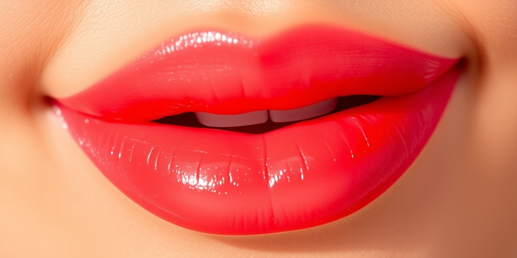 Vibrant coral sunset lips with a glossy finish, named "Tropical Oasis," feature a gradient effect and subtle shimmer, perfect for beach-inspired looks and summer evenings