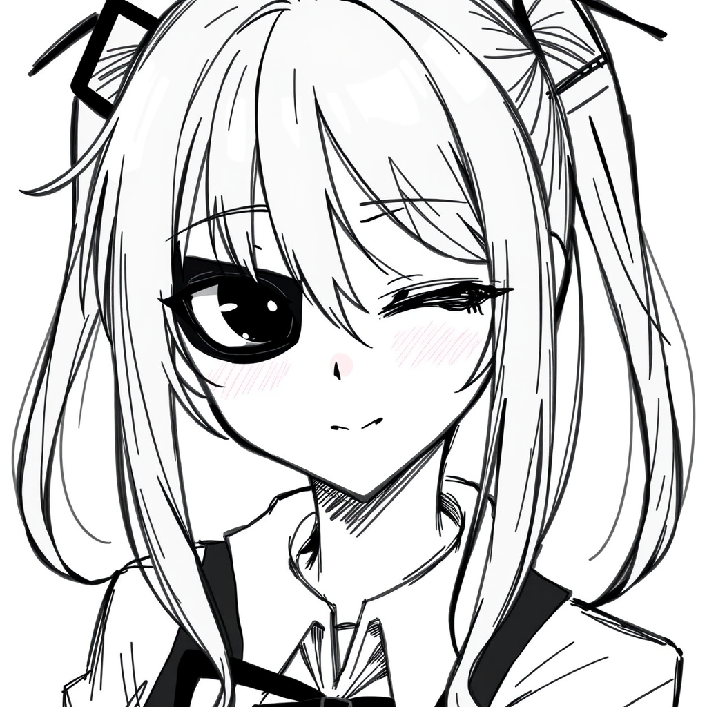 1girl, Best quality, quan,hyouuma,wanke,nikorashi-ka,sofra,you shimizu, voice actor connection, white background, looking at viewer, monochrome, hair between eyes, closed mouth, smile, cosplay, sketch, long hair, greyscale, eyepatch, twintails, low twintails, portrait, kagune (tokyo ghoul), solo, crossover, simple background,