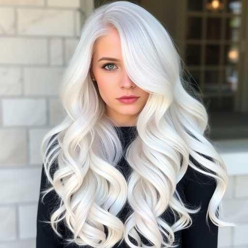 Ethereal white-blonde mermaid waves named "Frost Maiden" featuring ultra-long layers, icy platinum hue with subtle silver highlights, soft cascading curls reaching hips, face-framing pieces delicately styled