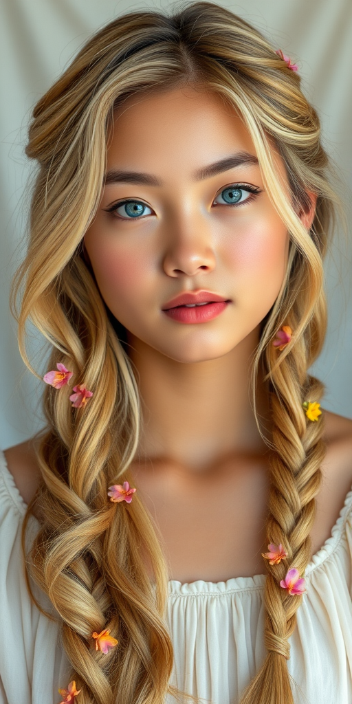 Create an image of a young Lao woman with long, wavy blonde hair, adorned with small, colorful flowers woven into her braids and loose strands. Her complexion is fair, with soft, glowing skin, and she has light blue eyes that gaze softly at the viewer. She wears a light, flowing dress with a gentle, ethereal quality, complementing her delicate and serene appearance. The background is slightly blurred, drawing focus to her tranquil expression and the intricate details of the flowers in her hair. The overall mood of the image is one of natural beauty and grace, evoking a sense of peacefulness and connection with nature.