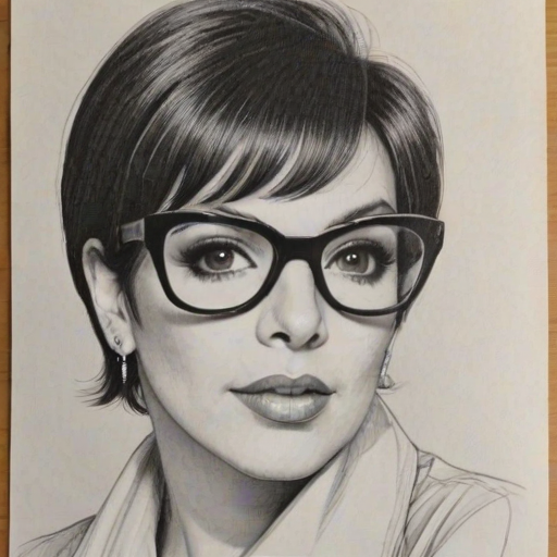 Delightful Liza Minnelli, pencil sketch, portrait of Splendid woman 1972s in glasses, hair style beatnik, outline, clear lines, fine lines, 8k