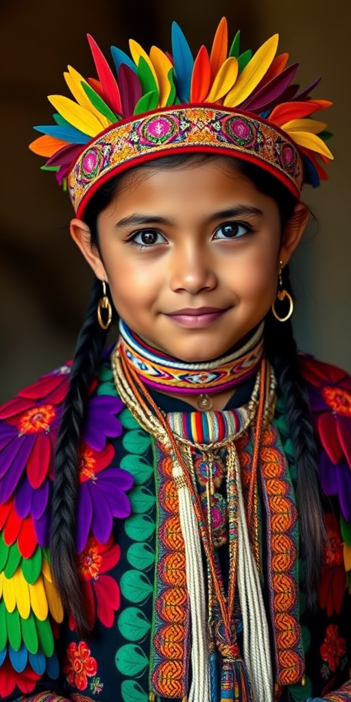 A beautiful Quechua girl, wearing colorful bird clothing with vibrant colors