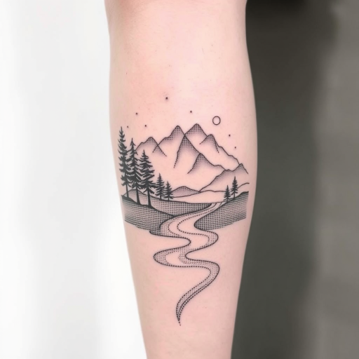 Serene dotwork landscape tattoo adorning the calf, depicting a mountainous scene with trees and a flowing river, utilizing thousands of tiny dots to create depth and texture in a monochromatic style