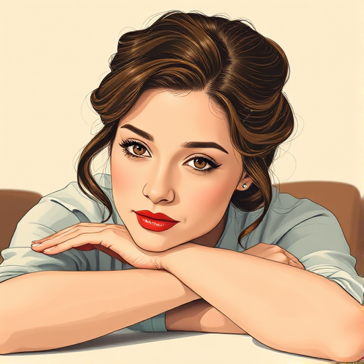 Regenerate a vintage-style illustrated portrait of a woman with styled hair resting her head on her hands in a thoughtful pose, shot in soft natural lighting with a shallow depth of field using a Canon EOS 5D Mark IV, 50mm f/1.8 lens, at ISO 100, aperture f/2.8, and shutter speed 1/125 sec.