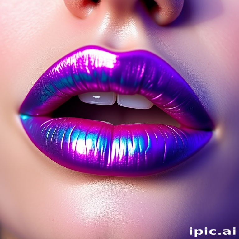 Duochrome lips shifting between teal and purple, creating a mesmerizing color-changing effect as the viewing angle changes, ideal for a mermaid-themed makeup look