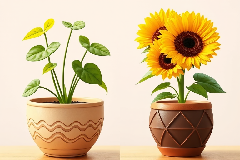 Generate a high-resolution digital illustration of two potted plants: one with heart-shaped green leaves in a beige pot with wavy patterns and the other with vibrant sunflowers in a brown pot with geometric designs, using a Canon EOS R5 with a 50mm lens, f/2.8 aperture, ISO 100, and a soft focus background for enhanced image quality.