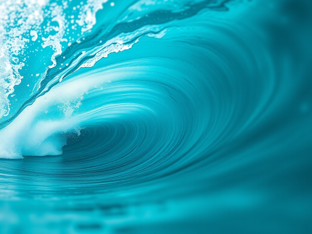 design a stylized wave in turquoise color, captured with a Canon EOS R5 at f/2.8, 1/500 sec, ISO 100, wide-angle view, soft focus style