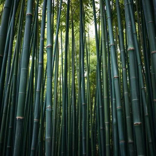 Create a high-resolution image of a dense bamboo forest with tall green and gray bamboo stalks, using a Canon EOS R5, 50mm lens, aperture f/1.8, ISO 100, in natural soft lighting from a slightly elevated viewpoint for depth and perspective.