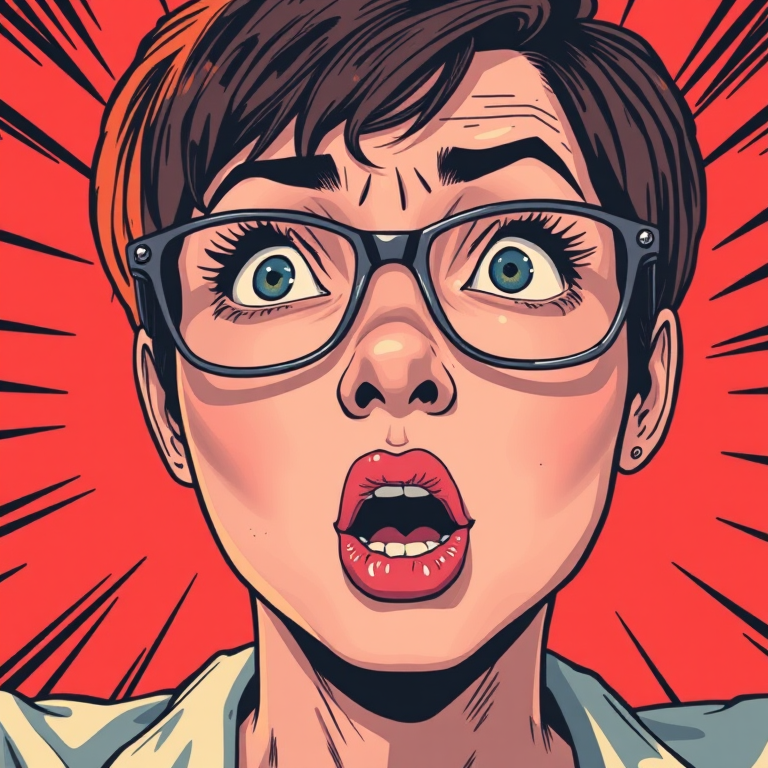 Create a highly detailed illustration of a shocked woman with short hair and glasses, expressive facial features, in a vibrant, comic book style, captured using a DSLR camera at f/2.8, ISO 100, 50mm lens, dramatic low-angle view, with vibrant colors and bold lines to enhance image quality.