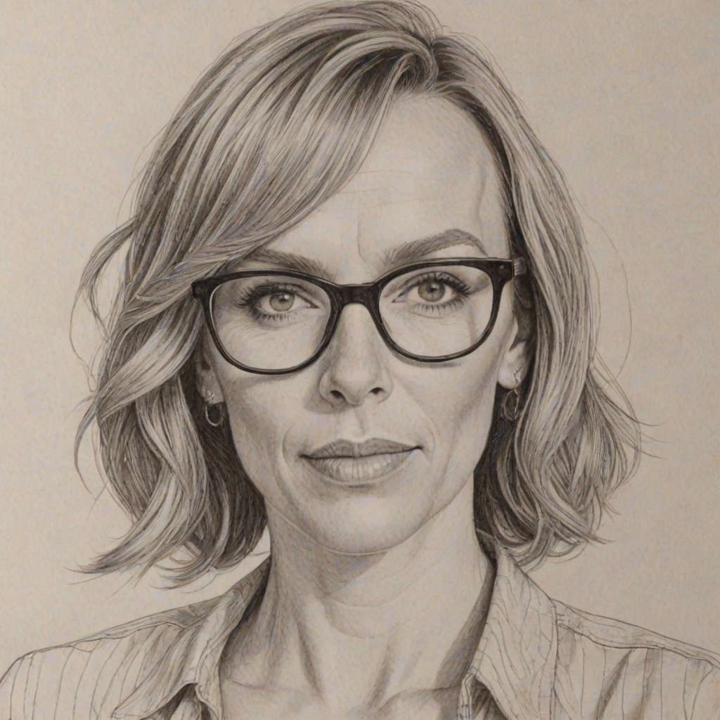 Comely Toni Collette, pencil sketch, portrait of Superb woman 1961s in glasses, hair style beatnik, outline, clear lines, fine lines, 8k
