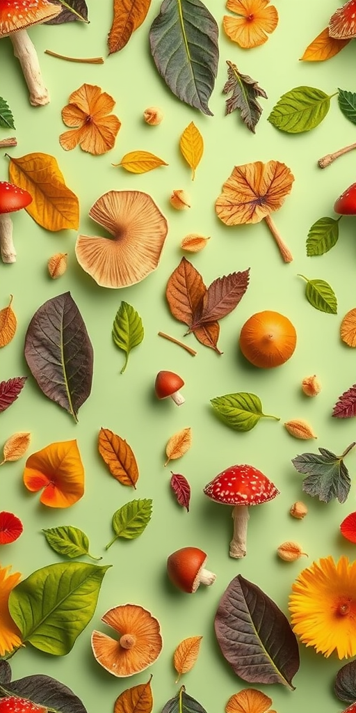 Create a seamless pattern of various leaves and mushrooms on a light green background, with a focus on vibrant colors and clear outlines, shot with a Canon EOS 5D Mark IV, aperture f/5.6, shutter speed 1/200 sec, ISO 100, in a top-down view to highlight the design intricacies.