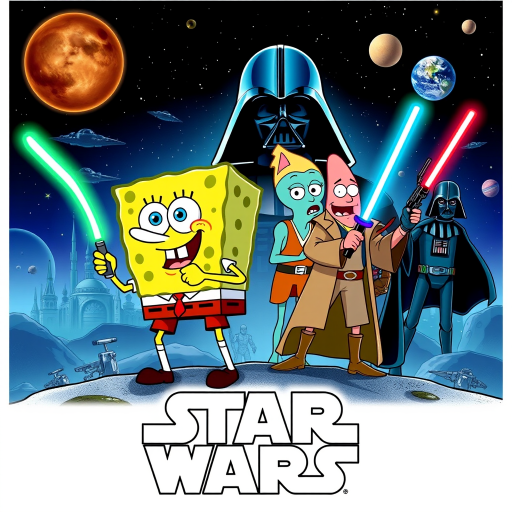 Create a parody of the Star Wars poster with SpongeBob as Luke Skywalker, holding a glowing spatula like a lightsaber. Patrick Star takes the role of Han Solo, holding a blaster, while Squidward is Obi-Wan Kenobi, draped in robes. In the background, Plankton appears as Darth Vader, with Bikini Bottom’s landmarks reimagined as spaceships and planets. The iconic Star Wars logo is swapped for "Sponge Wars," creating a playful, sci-fi adventure scene.