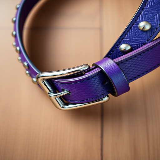 Create a high-resolution digital illustration of a stylish purple belt with silver studs and a shiny buckle, focus on a top-down view, using a DSLR camera with a 50mm lens, aperture f/2.8, ISO 100, and soft natural lighting for enhanced detail and texture.