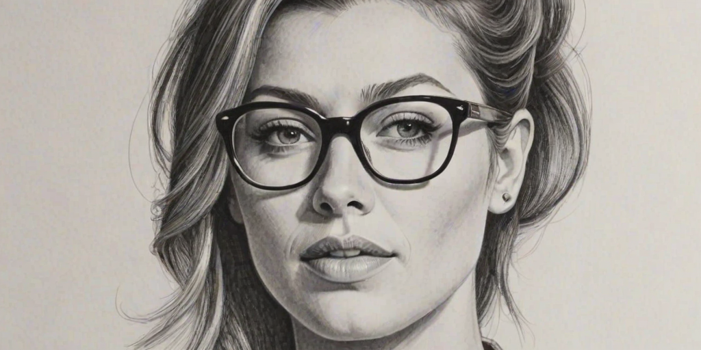 Charming Natalie Zea, pencil sketch, portrait of Splendid woman 1964s in glasses, hair style beatnik, outline, clear lines, fine lines, 8k