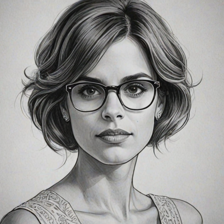 Comely Natalie Morales, pencil sketch, portrait of Ravishing woman 1920s in glasses, hair style beatnik, outline, clear lines, fine lines, 8k
