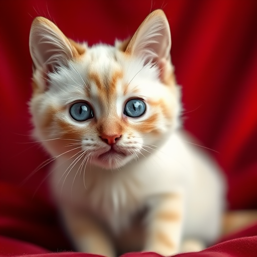 Capture a close-up of a cream-colored cat with blue eyes sitting on a red velvet background, using a DSLR camera, 50mm lens, f/1.8 aperture, ISO 200, and natural light for a soft focus effect.