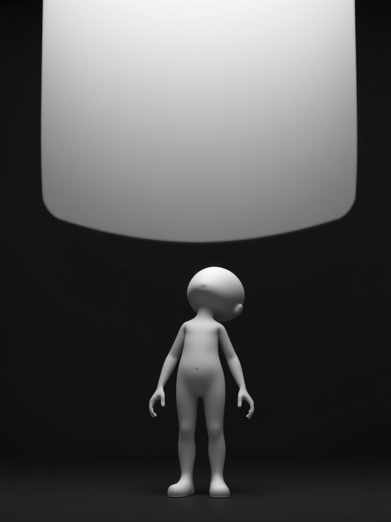 Create a 3D render of a simplistic humanoid figure looking up at a large, abstract gray shape above it, use a rendered view with a soft focus effect, set camera aperture to f/2.8, ISO 100, shutter speed 1/60 seconds, with a 50mm lens and a studio lighting setup for high contrast and clarity.