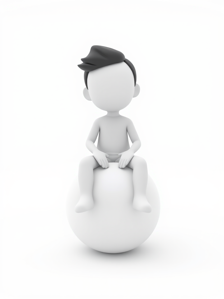 3D character sitting on a sphere in a minimalist white setting, high resolution, 50mm lens, f/8 aperture, ISO 100, DSLR camera, soft studio lighting, centered view, smooth shadows, clean background.