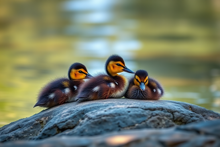 Three ducklings resting on a rock by a clear water body, soft natural light, shallow depth of field, Nikon D850, 50mm lens, aperture f/2.8, shutter speed 1/400s.
