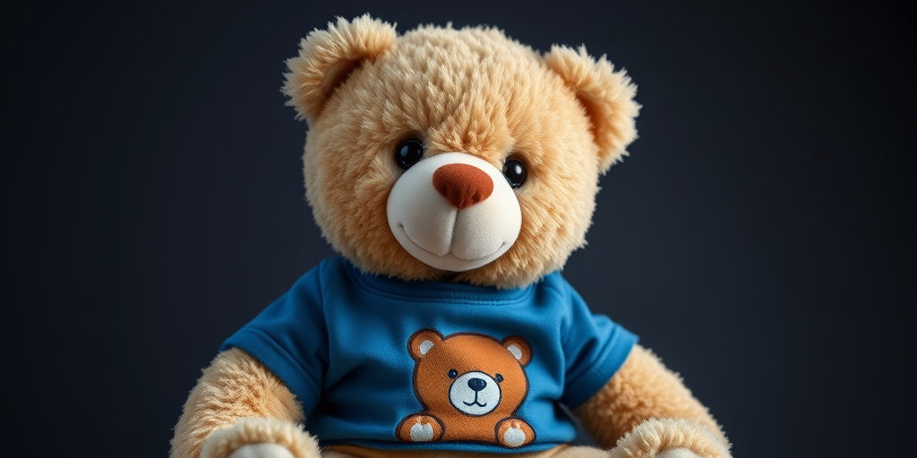 A cute teddy bear wearing a blue t-shirt with a bear design, soft lighting, shallow depth of field, 50mm lens, f/1.8 aperture, ISO 100, studio background.